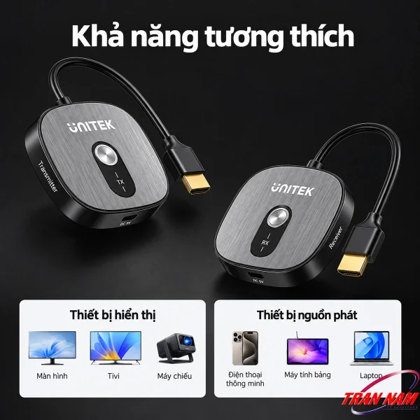 Bộ Truyền HDMI Không Dây 4K Unitek V1717CBK01 Khoảng cách 50M ( Hỗ Trợ 8 Thiết bị Phát , 1 Thiết bị Nhận, Tặng Kèm Đầu Chuyển USB-C Sang HDMI ) 13 Khả năng tương thích của bộ truyền HDMI không dây Unitek V1717CBK01 với màn hình, TV, máy chiếu, điện thoại, máy tính bảng và laptop