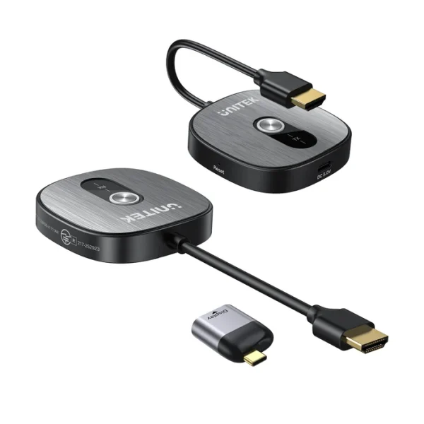 Bộ Truyền HDMI Không Dây 4K Unitek V1717CBK01 Khoảng cách 50M ( Hỗ Trợ 8 Thiết bị Phát , 1 Thiết bị Nhận, Tặng Kèm Đầu Chuyển USB-C Sang HDMI ) 2 Bộ truyền HDMI không dây Unitek V1717CBK01 với bộ phát TX, bộ nhận RX và adapter USB-C sang HDMI