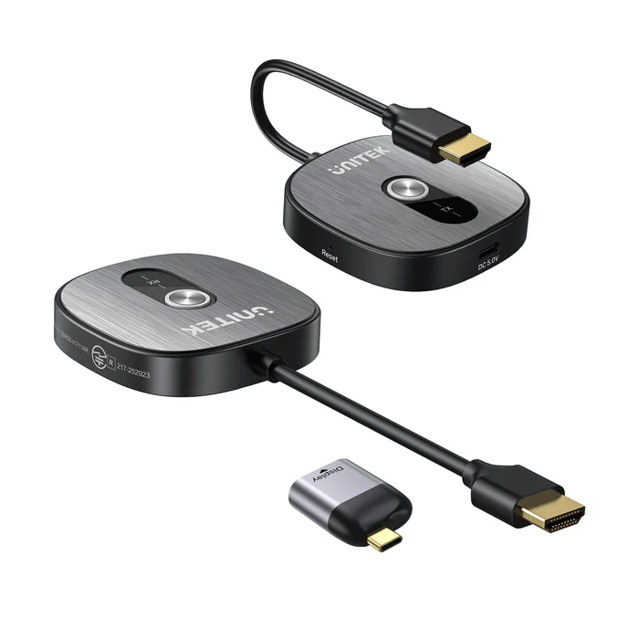 Unitek V1717CBK01 TX RX HDMI không dây và adapter USB-C HDMI Bộ truyền HDMI không dây Unitek V1717CBK01 với bộ phát TX, bộ nhận RX và adapter USB-C sang HDMI