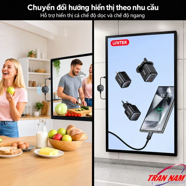 Bộ Truyền HDMI Không Dây 4K Unitek V1717CBK01 Khoảng cách 50M ( Hỗ Trợ 8 Thiết bị Phát , 1 Thiết bị Nhận, Tặng Kèm Đầu Chuyển USB-C Sang HDMI ) 11 Unitek V1717CBK01 chuyển hướng hiển thị ngang dọc khi truyền HDMI không dây