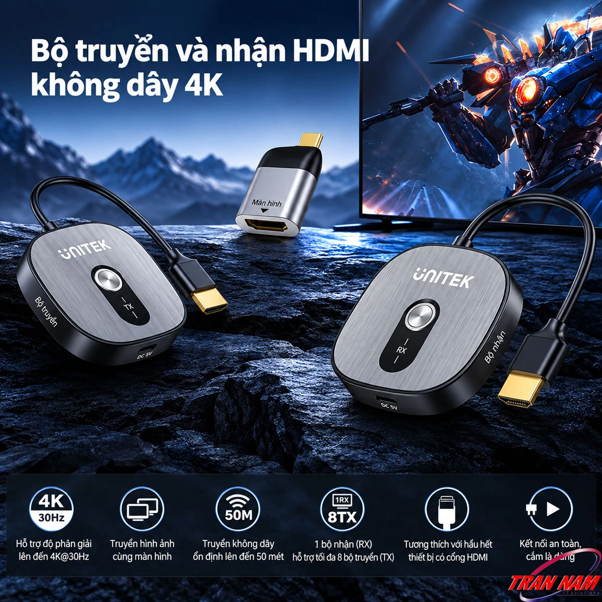 Unitek V1717CBK01 HDMI không dây 4K@30Hz 50m 1 RX 8 TX Bộ truyền HDMI không dây Unitek V1717CBK01 4K@30Hz, truyền xa 50m và ghép tối đa 8 TX với 1 RX