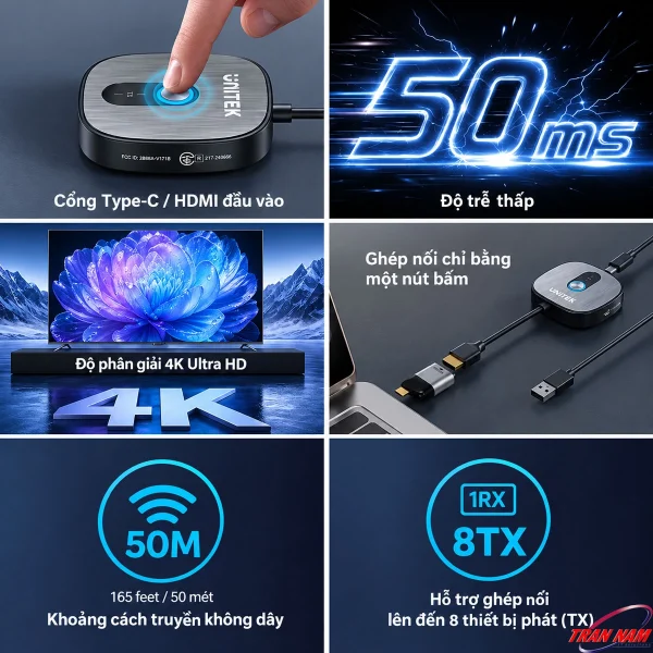 Bộ Truyền HDMI Không Dây 4K Unitek V1717CBK01 Khoảng cách 50M ( Hỗ Trợ 8 Thiết bị Phát , 1 Thiết bị Nhận, Tặng Kèm Đầu Chuyển USB-C Sang HDMI ) 7 Tính năng Unitek V1717CBK01 gồm 4K@30Hz, truyền xa 50m, độ trễ 50–80ms và 1 RX ghép tối đa 8 TX