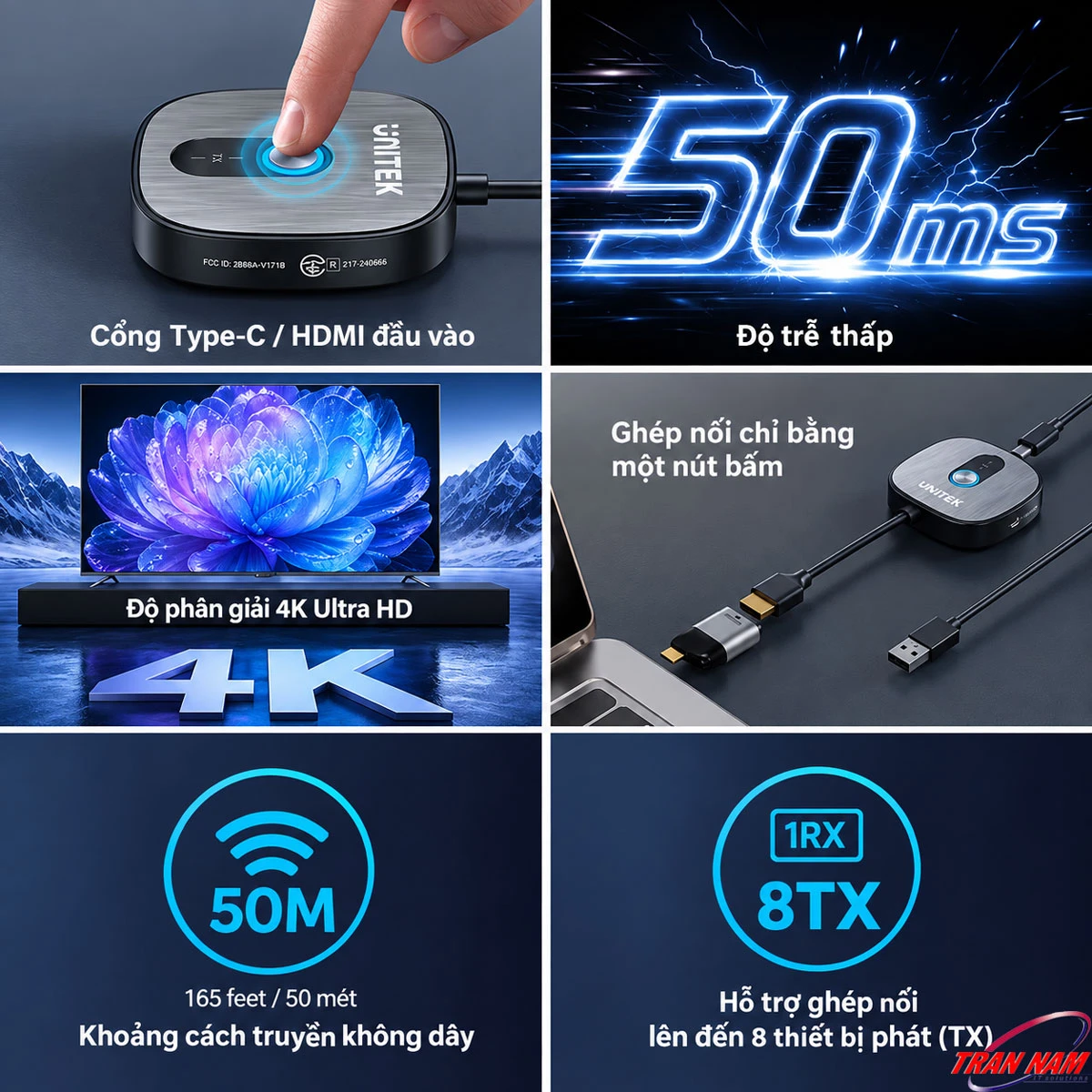 Tính năng Unitek V1717CBK01 4K@30Hz 50m 1 RX 8 TX Tính năng Unitek V1717CBK01 gồm 4K@30Hz, truyền xa 50m, độ trễ 50–80ms và 1 RX ghép tối đa 8 TX