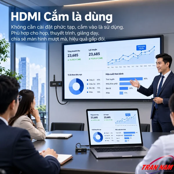 Bộ Truyền HDMI Không Dây Mini UNITEK V1708A — Full HD 1080P@60Hz, 50M 6 UNITEK V1708A trình chiếu HDMI không dây từ laptop lên màn hình trong phòng họp, cắm HDMI là dùng
