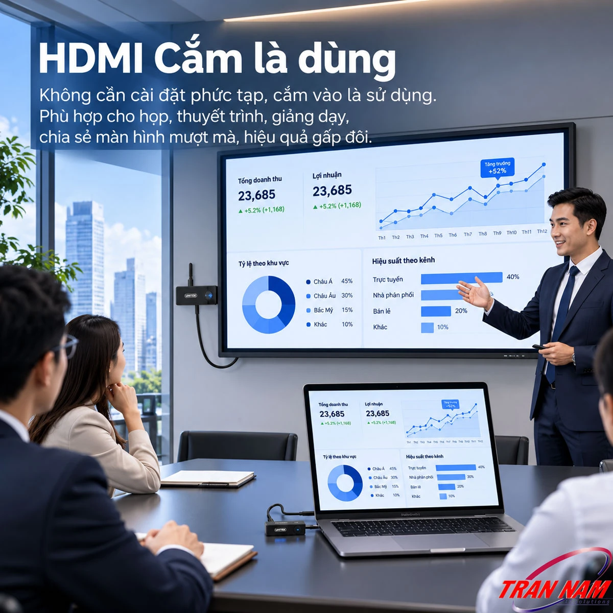 UNITEK V1708A trình chiếu HDMI không dây cắm là dùng UNITEK V1708A trình chiếu HDMI không dây từ laptop lên màn hình trong phòng họp, cắm HDMI là dùng
