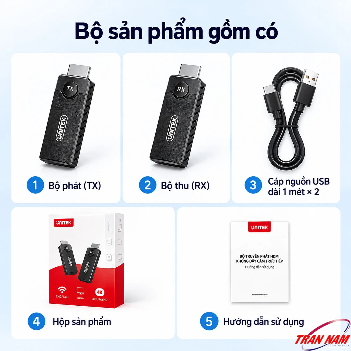 Phụ kiện bộ truyền HDMI không dây UNITEK V1708A Bộ sản phẩm UNITEK V1708A gồm bộ phát TX, bộ nhận RX, 2 cáp nguồn USB và sách hướng dẫ