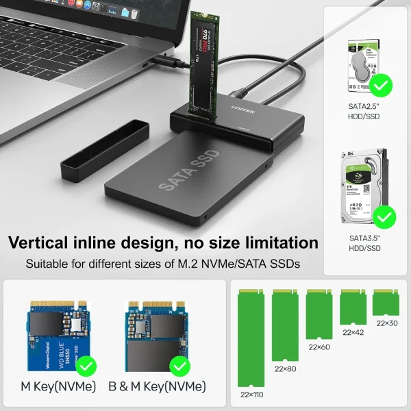 Box ổ cứng Unitek S1232A01-EU – M.2 NVMe & SATA 2.5/3.5 inch, USB-C 10Gbps 8 Hình hãng minh họa Unitek S1232A01-EU nhận SSD M.2 NVMe khóa M và khóa B+M, các kích thước 22x30 đến 22x110 và ổ SATA 2.5 inch, 3.5 inch