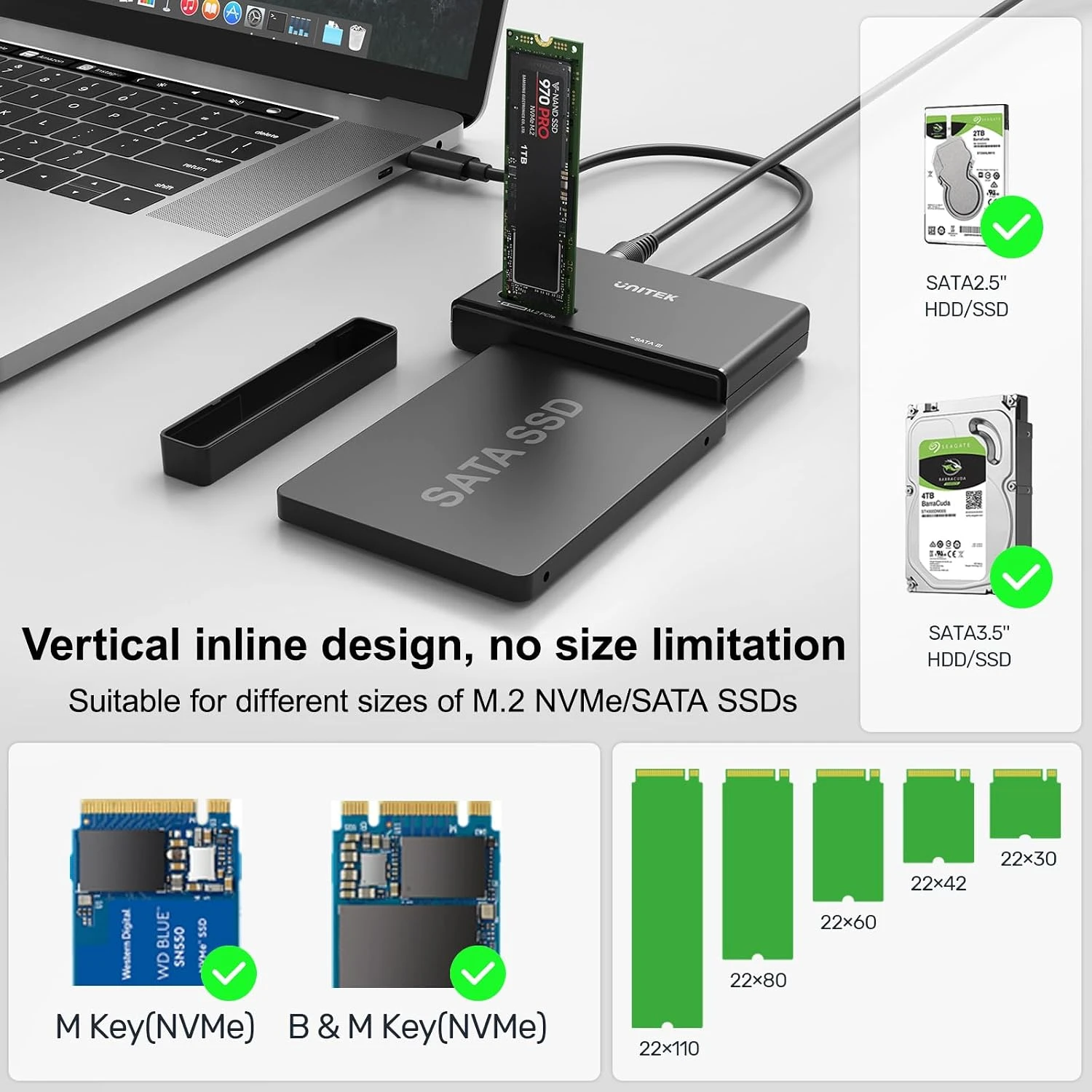 Box Đọc Ổ Cứng SSD Sata M2 Nvme Unitek S1232A01 (4) Hình hãng minh họa Unitek S1232A01-EU nhận SSD M.2 NVMe khóa M và khóa B+M, các kích thước 22x30 đến 22x110 và ổ SATA 2.5 inch, 3.5 inch