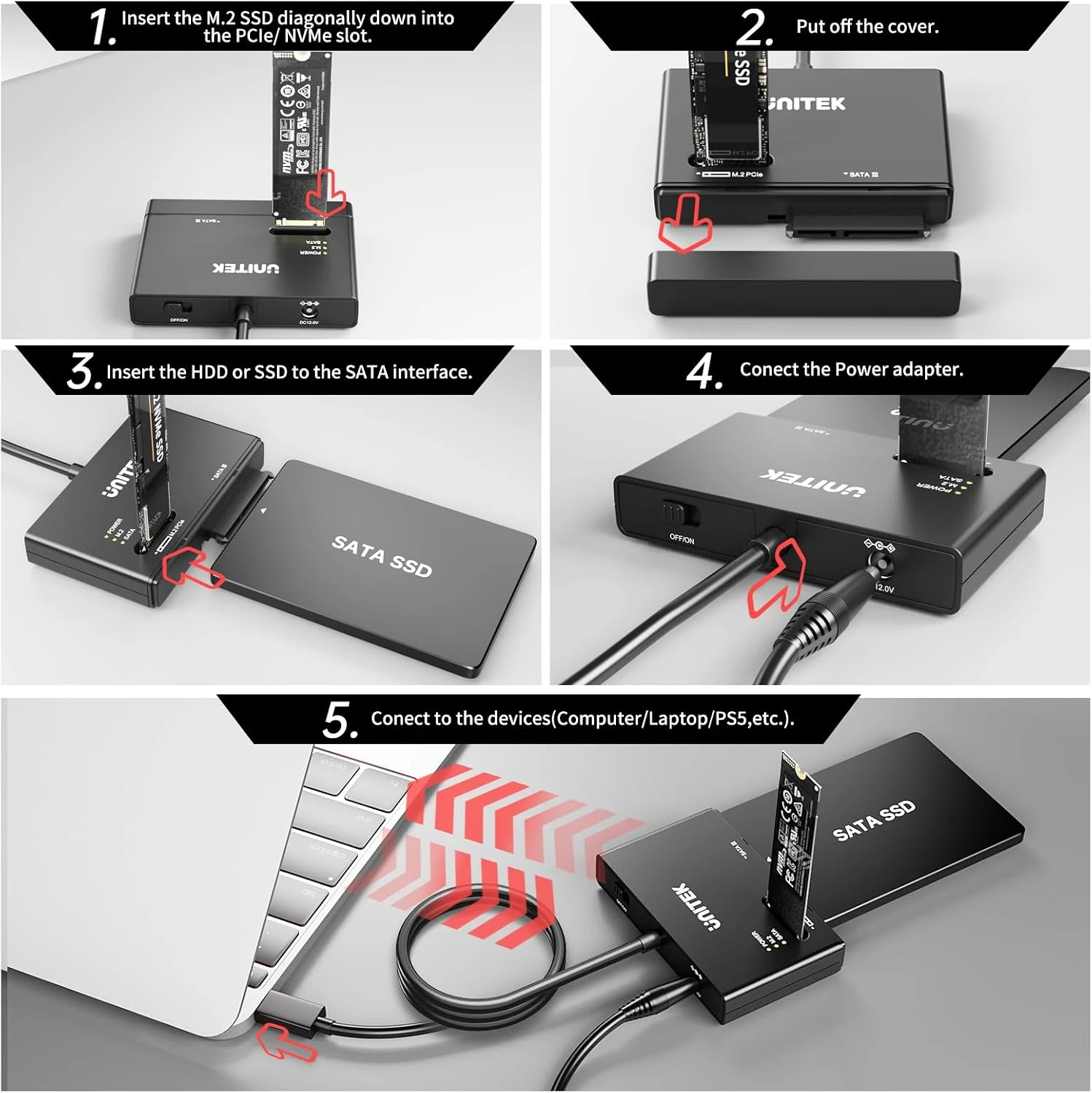 Hướng dẫn cài đặt Unitek S1232A01-EU Hướng dẫn 5 bước dùng Unitek S1232A01-EU, mặt sau có công tắc OFF/ON và cổng nguồn DC 12V