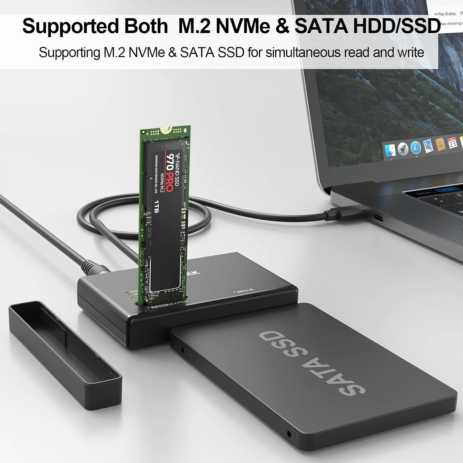 Box Đọc Ổ Cứng SSD Sata M2 Nvme Unitek S1232A01 (7) Unitek S1232A01-EU với SSD M.2 NVMe cắm đứng và ổ SATA 2.5 inch, hình hãng ghi hỗ trợ đọc ghi đồng thời cả hai ổ