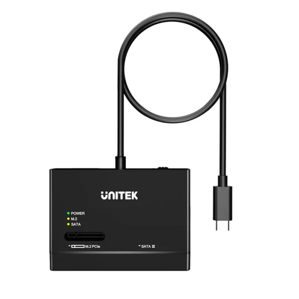 Box ổ cứng Unitek S1232A01-EU – M.2 NVMe & SATA 2.5/3.5 inch, USB-C 10Gbps 2 Mặt trên Unitek S1232A01-EU với logo Unitek, ba đèn POWER, M.2, SATA, khe M.2 PCIe, nhãn SATA III và cáp USB-C cuộn tròn