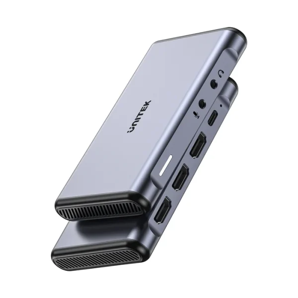 Card capture HDMI UNITEK V1177AGY01 vỏ nhôm xám, hai góc nhìn thấy 3 cổng HDMI, cổng USB-C và 2 jack 3.5mm