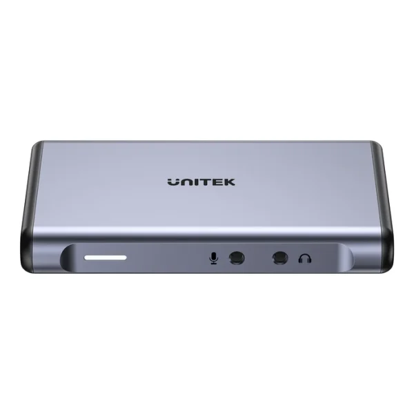 Mặt trước UNITEK V1177AGY01 với đèn LED báo nguồn, jack micro 3.5mm và jack tai nghe 3.5mm
