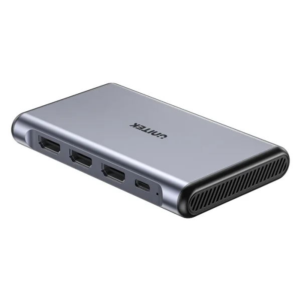 Mặt sau UNITEK V1177AGY01 nhìn nghiêng với 3 cổng HDMI, cổng USB-C và lỗ nút reset, đầu máy ốp nhựa đen có rãnh