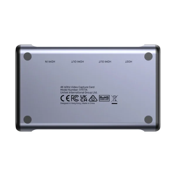 Mặt đáy UNITEK V1177A in nhãn cổng HDMI IN, HDMI OUT, HDMI OUT, HOST, số model và các dấu CE, FCC, UKCA, RoHS