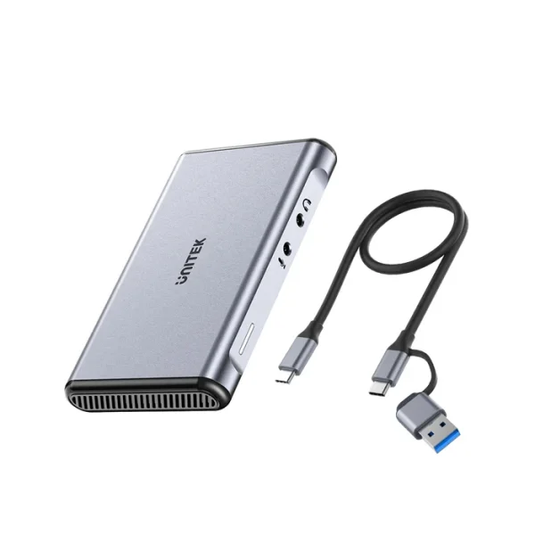 Card capture UNITEK V1177AGY01 và cáp USB-C kèm theo, một đầu USB-C có gắn đầu chuyển USB-A