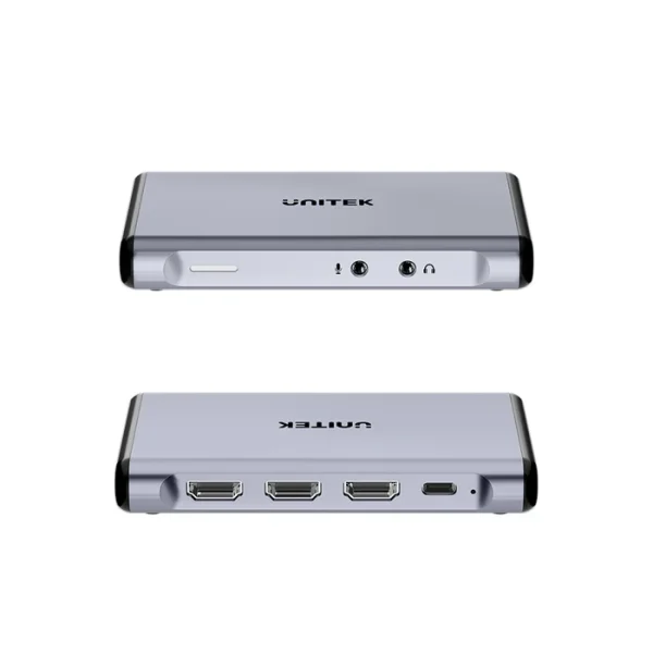 Mặt trước UNITEK V1177AGY01 có đèn LED, jack micro và jack tai nghe; mặt sau có 3 cổng HDMI, cổng USB-C và nút reset
