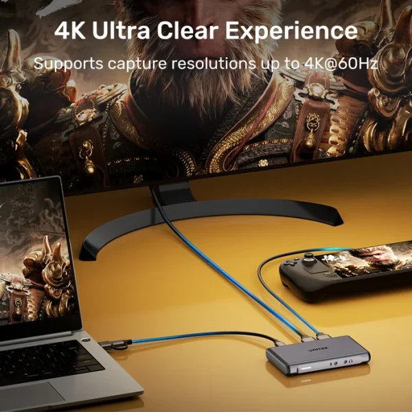 UNITEK V1177AGY01 nối máy chơi game cầm tay với màn hình và laptop, ảnh có dòng chữ ghi hình tối đa 4K@60Hz