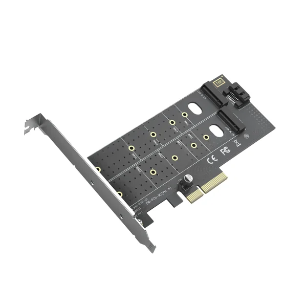 Card PCIe Unitek T1047A với hai khe M.2 ghi M-Key và B-Key, đầu SATA 7 chân và bracket kim loại