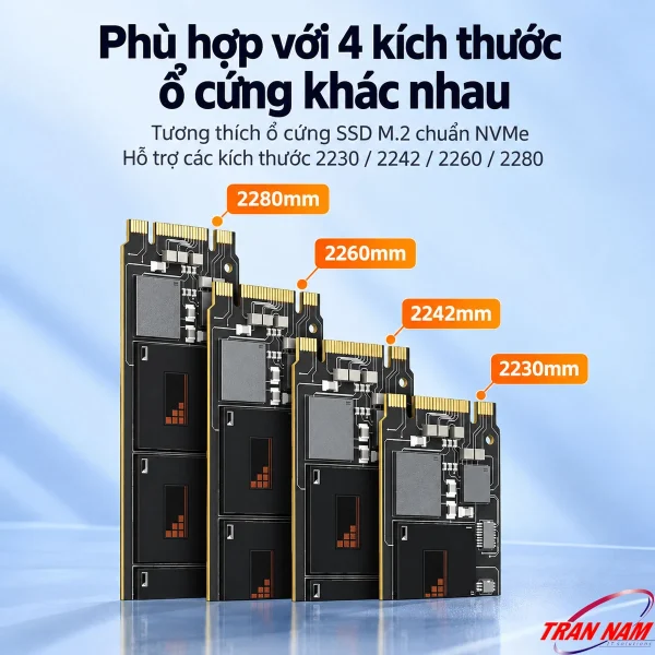 Card PCIe SSD 2 khe M.2 NVMe + SATA Unitek T1047A (2230/2242/2260/2280, tối đa 32Gbps) 3 SSD M.2 các kích thước 2230, 2242, 2260 và 2280 hỗ trợ trên Unitek T1047A