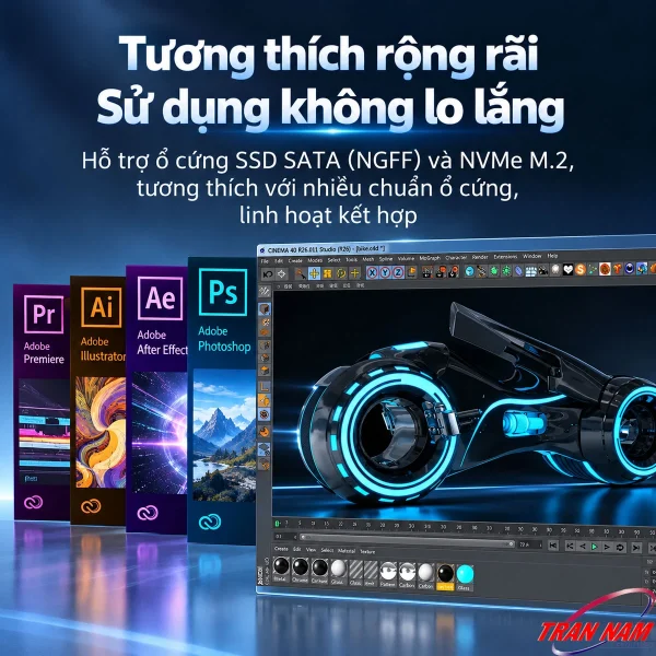 Card PCIe SSD 2 khe M.2 NVMe + SATA Unitek T1047A (2230/2242/2260/2280, tối đa 32Gbps) 5 Hộp phần mềm Adobe và giao diện Cinema 4D kèm dòng chữ tương thích ổ cứng SSD SATA và NVMe M.2