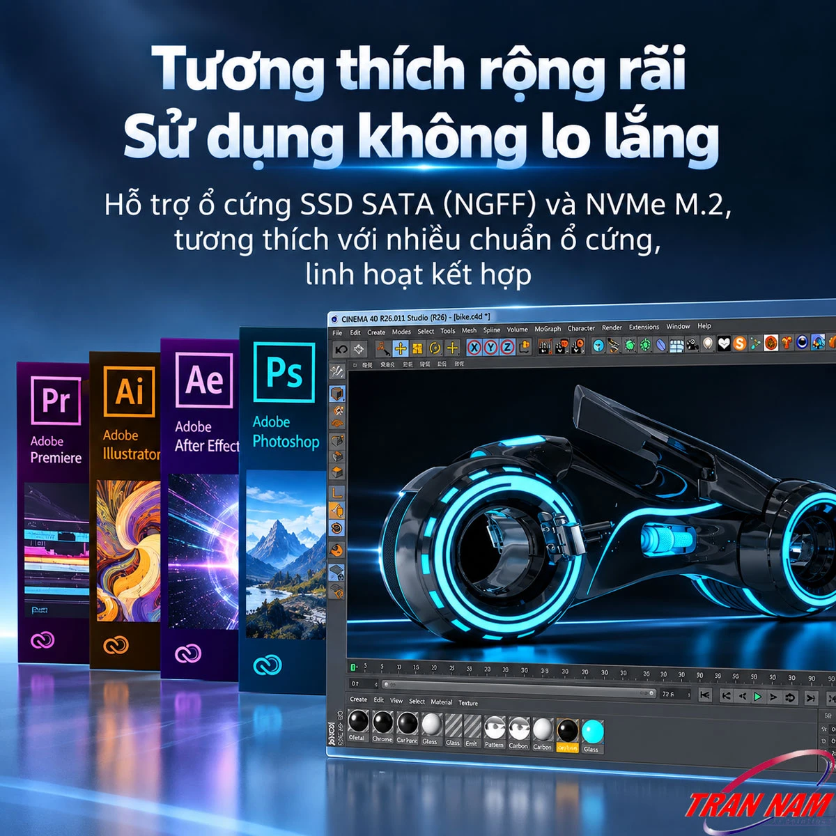 Ảnh minh họa tương thích ổ cứng M.2 Hộp phần mềm Adobe và giao diện Cinema 4D kèm dòng chữ tương thích ổ cứng SSD SATA và NVMe M.2