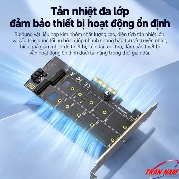 Card PCIe SSD 2 khe M.2 NVMe + SATA Unitek T1047A (2230/2242/2260/2280, tối đa 32Gbps) 4 Card PCIe Unitek T1047A nhìn nghiêng với hai khe M.2, đầu SATA 7 chân và bracket kim loại