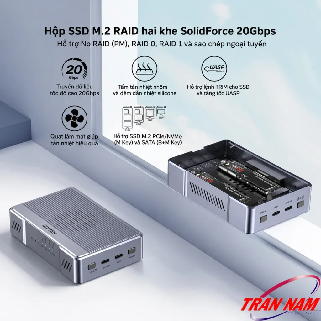 Box SSD M.2 2 khe Nvme/SATA Unitek S1247AGY01 USB-C 20Gbps, RAID và Clone 19 Hop dung o cung SSD NVMe SATA Unitek S1247AGY01 Toc Do 20Gbps Ho Tro Clone Disk RAID 1