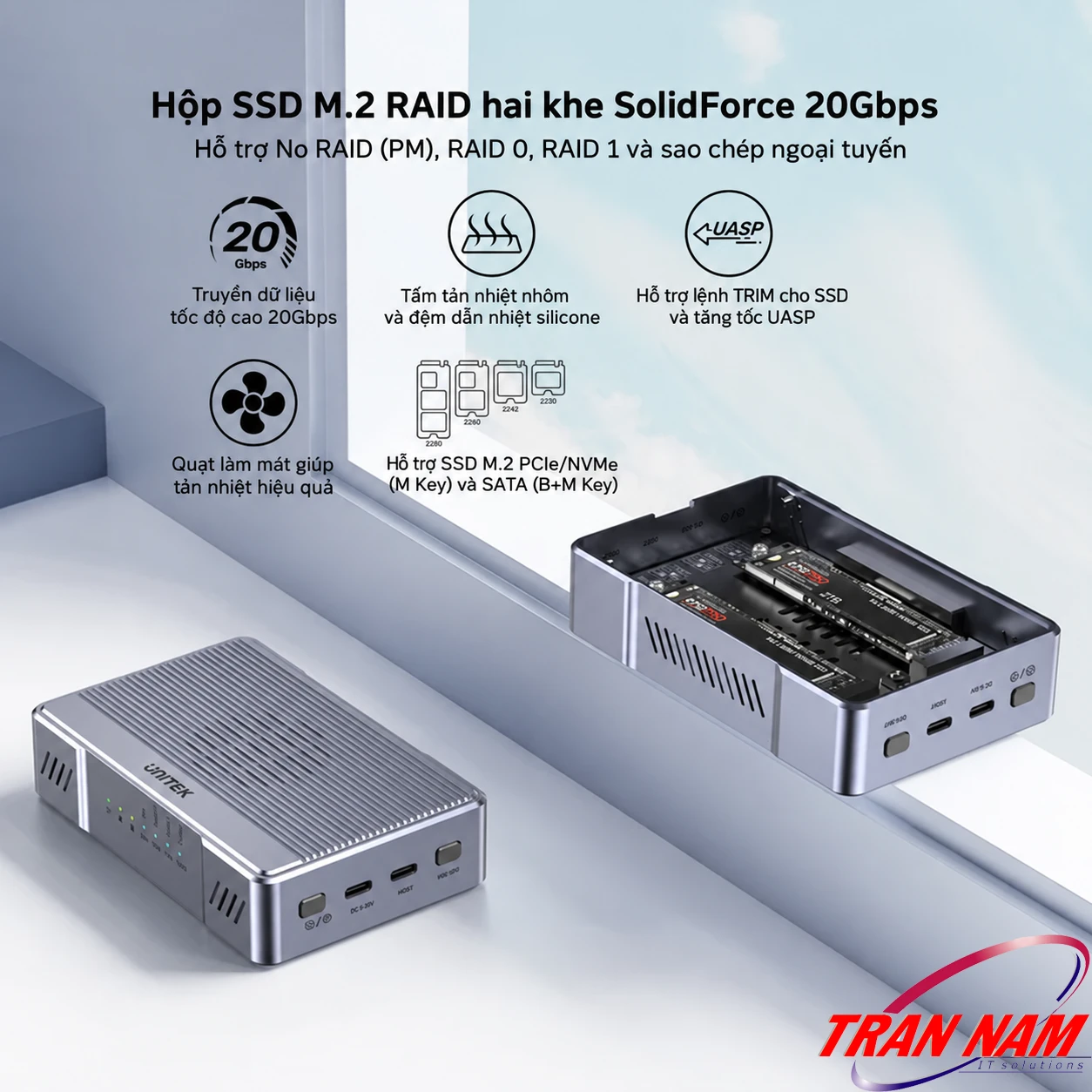 Unitek S1247AGY01 – Hộp SSD M.2 hai khe RAID 20Gbps Các tính năng của hộp SSD M.2 hai khe Unitek S1247AGY01: USB-C 20Gbps, RAID và quạt làm mát