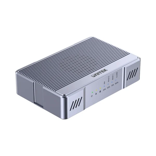Box SSD M.2 2 khe Nvme/SATA Unitek S1247AGY01 USB-C 20Gbps, RAID và Clone 1 Hộp SSD M.2 hai khe Unitek S1247AGY01 với vỏ nhôm có rãnh tản nhiệt và đèn báo trạng thái