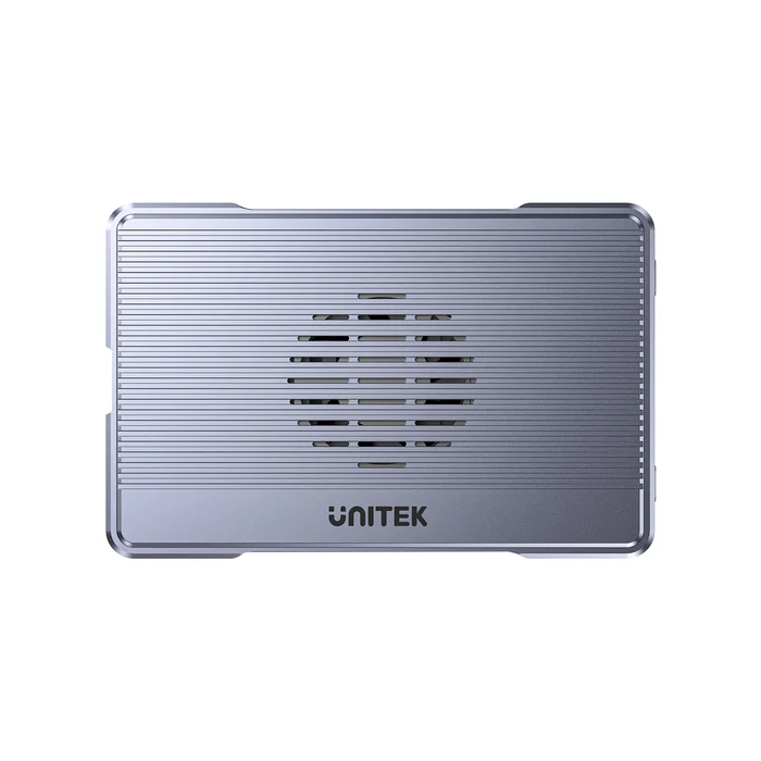 Unitek S1247AGY01 – Mặt trên vỏ nhôm tản nhiệt và quạt làm mát Mặt trên hộp SSD M.2 Unitek S1247AGY01 với rãnh tản nhiệt và khe thông gió quạt làm mát