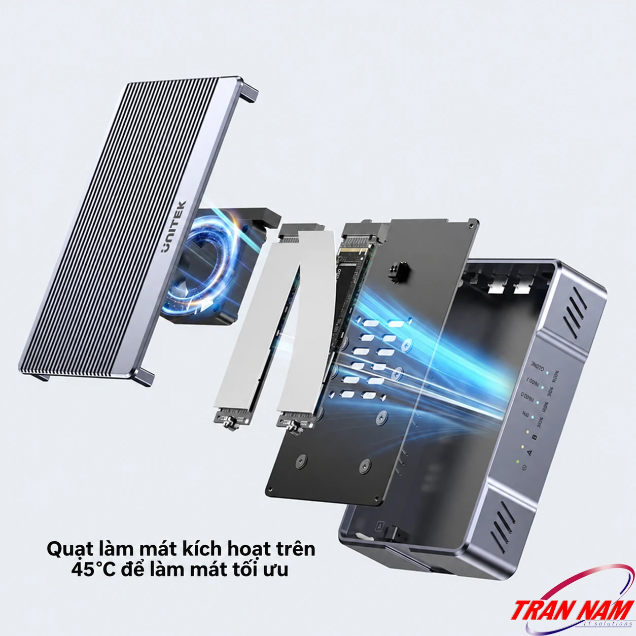 Unitek S1247AGY01 – Quạt làm mát chủ động cho hộp SSD M.2 Hộp SSD M.2 hai khe Unitek S1247AGY01 với quạt làm mát kích hoạt khi nhiệt độ trên 45°C