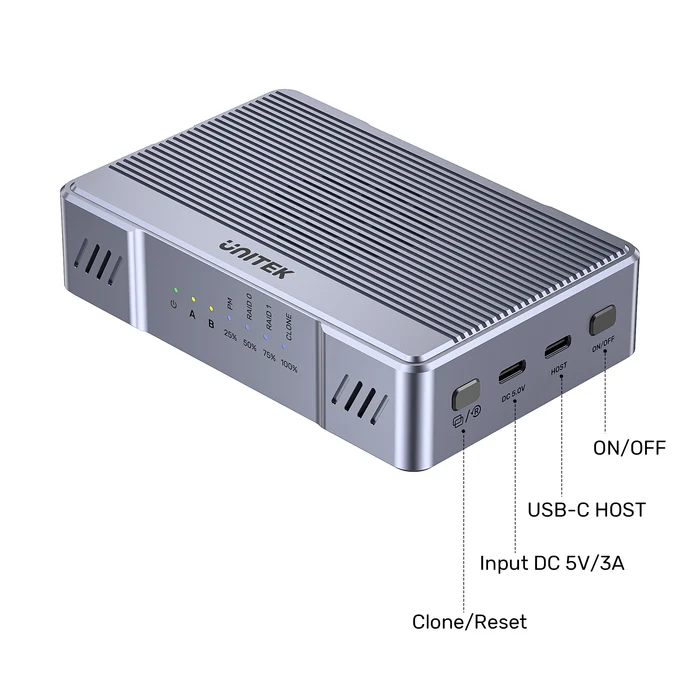 Unitek S1247AGY01 – Cổng USB-C Host, nguồn DC 5V/3A và nút Clone/Reset Unitek S1247AGY01 với cổng USB-C Host, nguồn vào DC 5V/3A, nút Clone/Reset và ON/OFF
