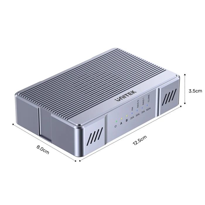 Unitek S1247AGY01 – Kích thước hộp SSD M.2 12,5 × 8 × 3,5cm Kích thước hộp SSD M.2 hai khe Unitek S1247AGY01 dài 12,5cm, rộng 8cm, cao 3,5cm