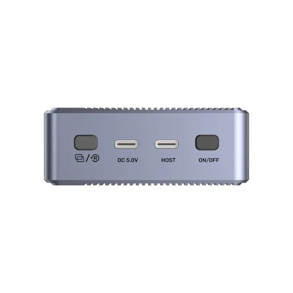 Box SSD M.2 2 khe Nvme/SATA Unitek S1247AGY01 USB-C 20Gbps, RAID và Clone 6 Mặt trước hộp SSD M.2 Unitek S1247AGY01 với cổng DC 5V, USB-C Host và nút nguồn