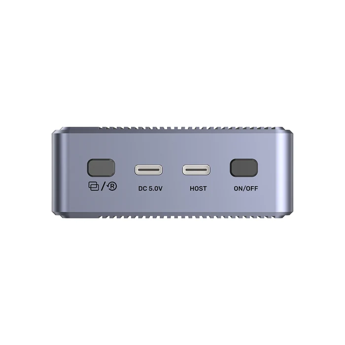 Unitek S1247AGY01 – Cổng nguồn DC 5V, USB-C Host và nút điều khiển Mặt trước hộp SSD M.2 Unitek S1247AGY01 với cổng DC 5V, USB-C Host và nút nguồn