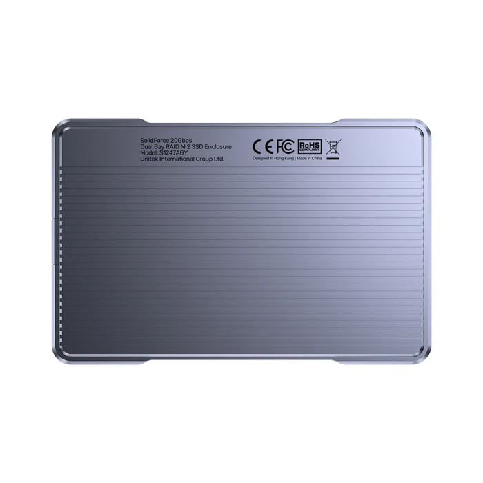 Unitek S1247AGY01 – Nhãn model và thông tin chứng nhận sản phẩm Mặt đáy hộp SSD M.2 Unitek S1247AGY01 SolidForce 20Gbps với nhãn model và chứng nhận CE FCC RoHS