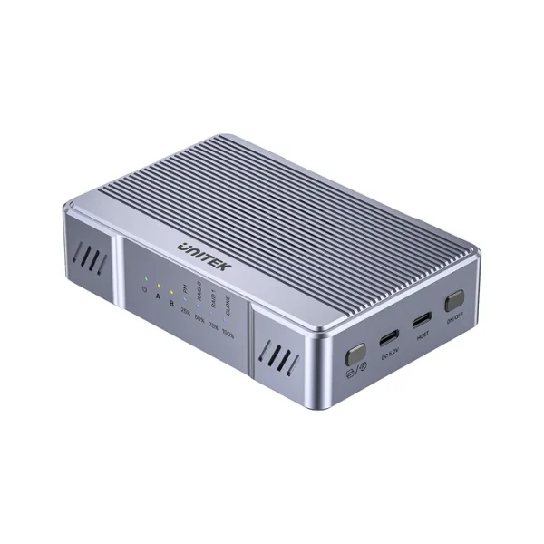 Box SSD M.2 2 khe Nvme/SATA Unitek S1247AGY01 USB-C 20Gbps, RAID và Clone 4 Hộp SSD M.2 hai khe Unitek S1247AGY01 SolidForce 20Gbps với cổng USB-C, DC 5V và đèn báo RAID