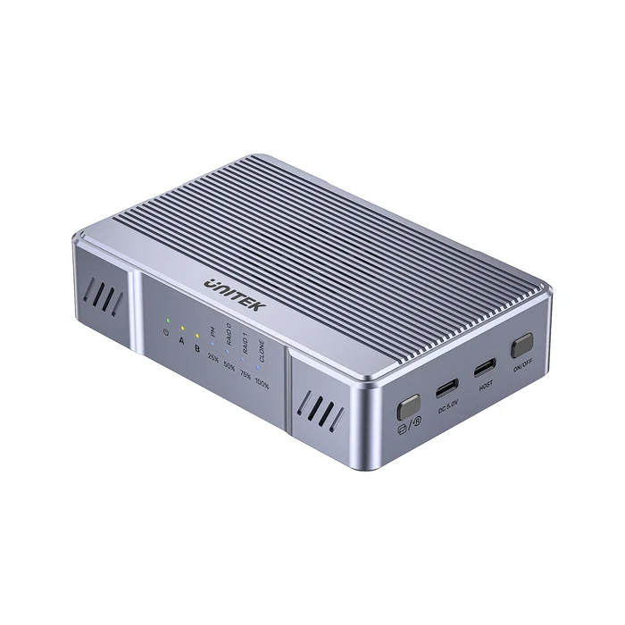 Unitek S1247AGY01 – Mặt trước hộp SSD M.2 hai khe RAID 20Gbps Hộp SSD M.2 hai khe Unitek S1247AGY01 SolidForce 20Gbps với cổng USB-C, DC 5V và đèn báo RAID