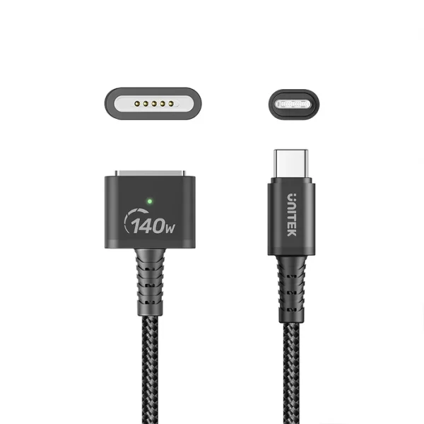 Hai đầu cáp Unitek C14121BK gồm USB-C và đầu sạc từ tính tương thích MagSafe 3