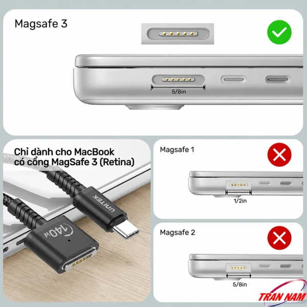 Unitek C14121BK tương thích cổng MagSafe 3, không tương thích MagSafe 1 và MagSafe 2