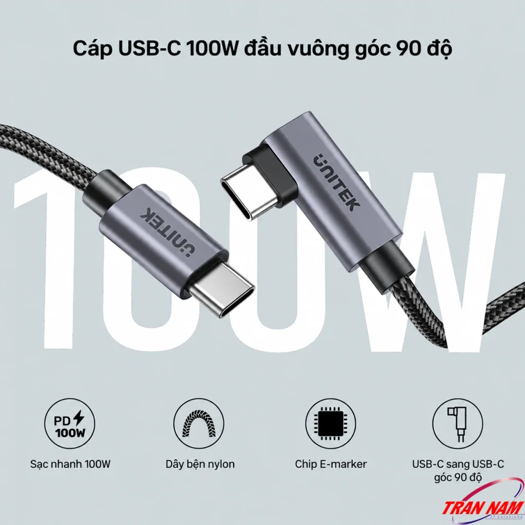 Cáp USB-C Unitek C14123BK 100W với một đầu thẳng và một đầu vuông góc 90 độ