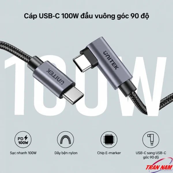 Cáp USB-C Unitek C14123BK 100W với một đầu thẳng và một đầu vuông góc 90 độ