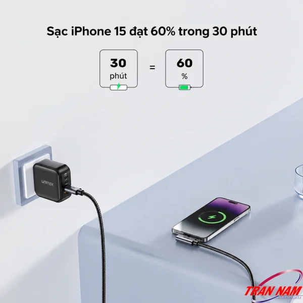 Cáp USB-C Unitek C14123BK đầu vuông góc kết nối iPhone 15 với củ sạc
