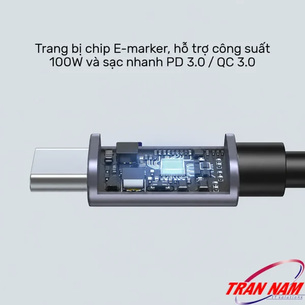 Minh họa chip E-marker trong đầu cáp USB-C Unitek C14123BK hỗ trợ sạc 100W