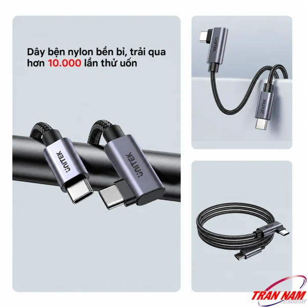 Cáp USB-C Unitek C14123BK dây bện nylon với một đầu thẳng và một đầu vuông góc 90 độ