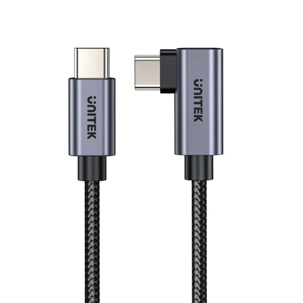 Đầu USB-C thẳng và đầu vuông góc 90 độ của cáp Unitek C14123BK nhìn từ trên