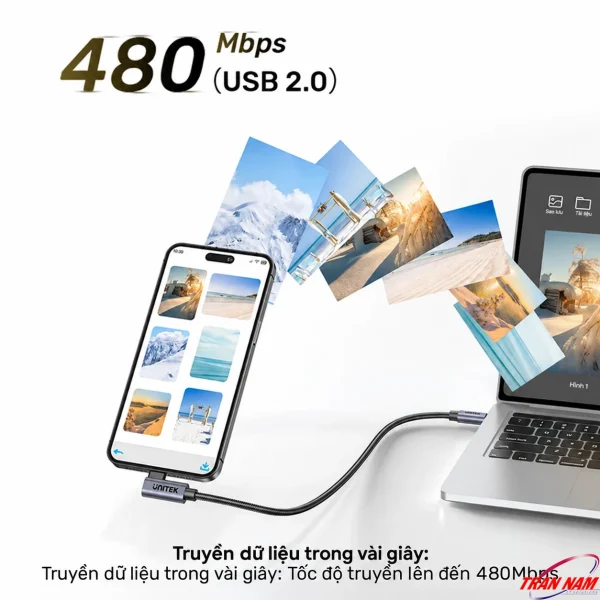 Cáp USB-C Unitek C14123BK kết nối điện thoại và laptop để truyền dữ liệu 480Mb