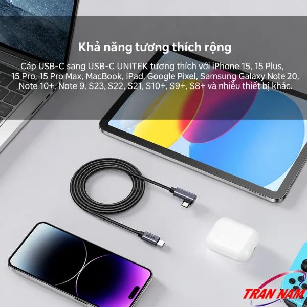 Cáp USB-C Unitek C14123BK cạnh điện thoại, máy tính bảng và laptop