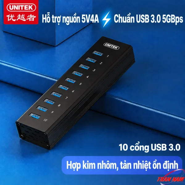 Hub Chia 10 cổng USB 3.0 5Gbps Unitek H305A- Có Nguồn Phụ DC 5V4A 3 Hub Unitek H305A với 10 cổng USB 3.0 và vỏ hợp kim nhôm